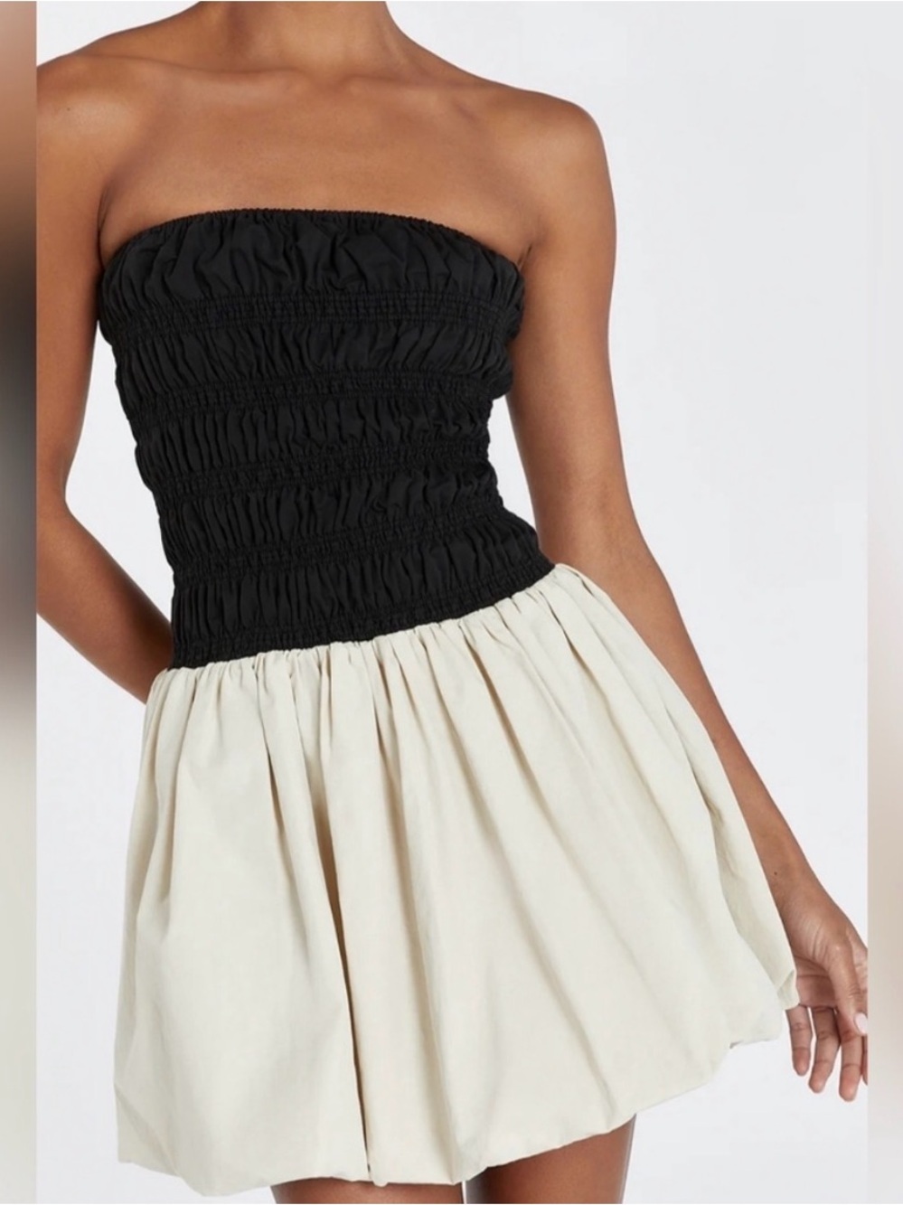 DISSH Black & Cream Strapless Mini Dress With Smocked Top Bubble Beige Skirt 4